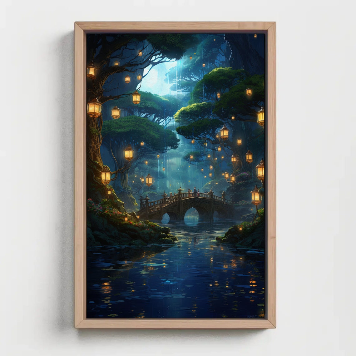 Jungle River Stone Bridge Glowing Lanterns Night Fantasy Poster - Image 4