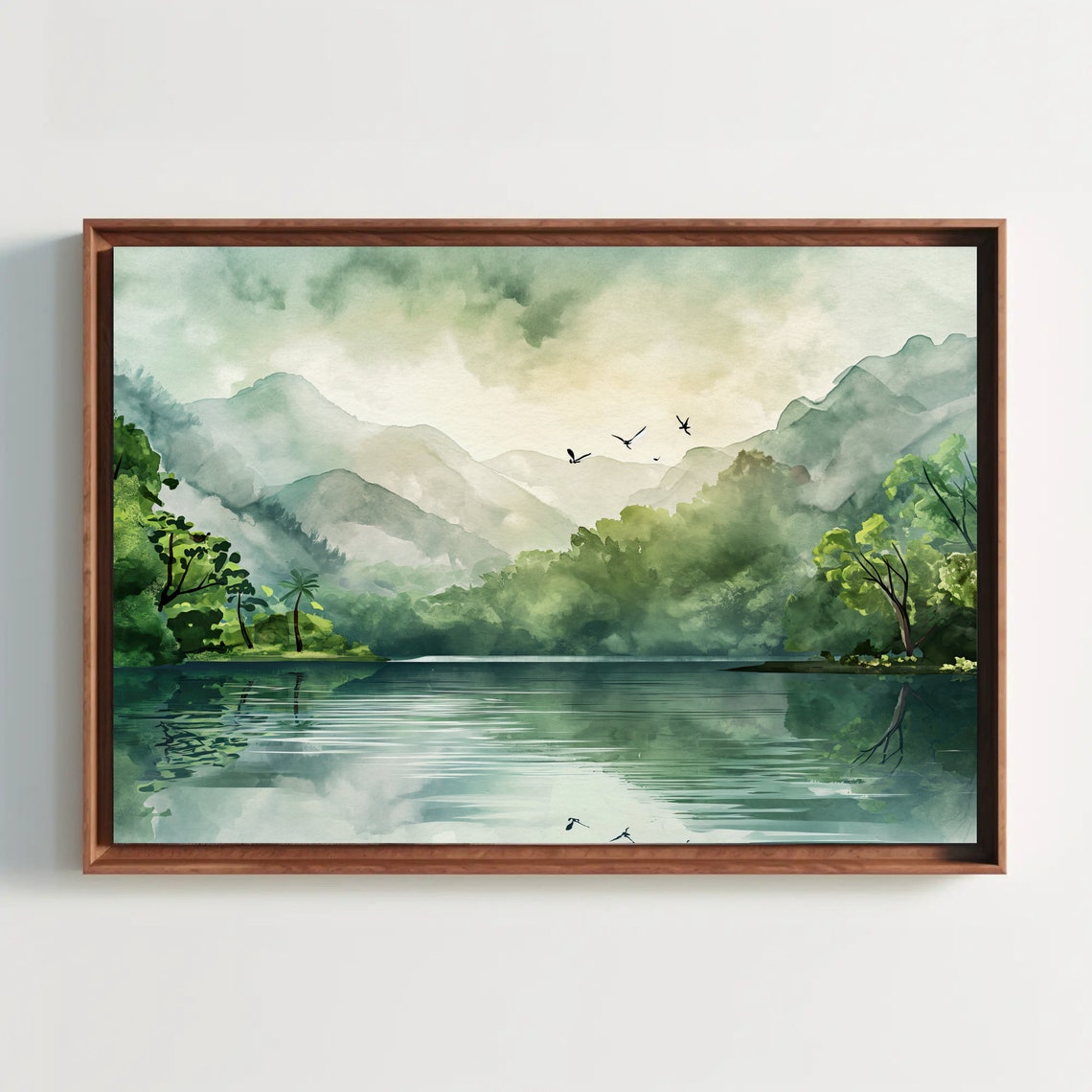 Tropical Forest Lake Mirror Reflection Serene Watercolor Poster