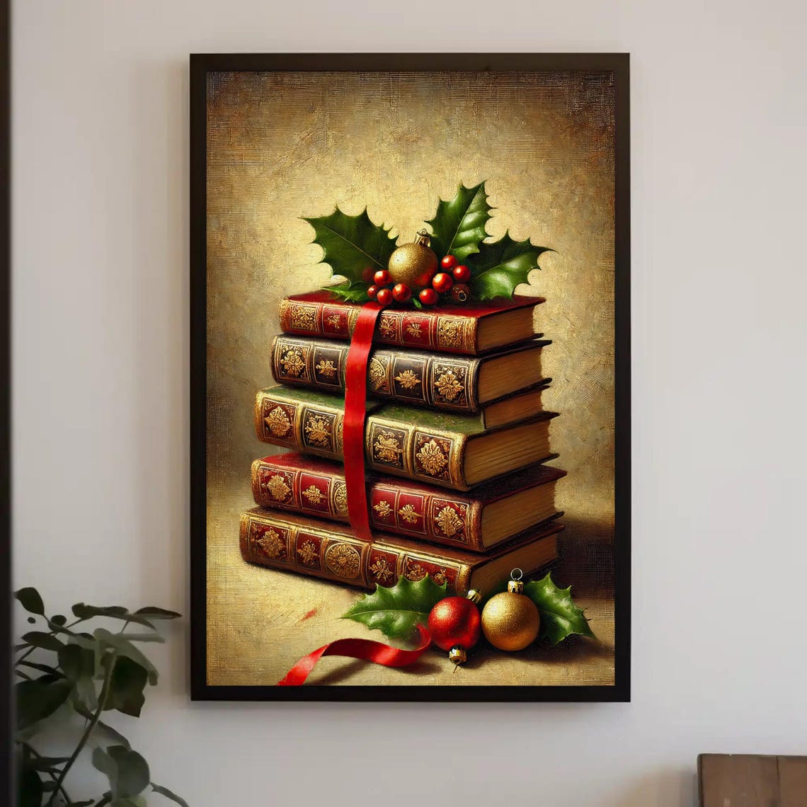 Vintage Christmas Books Stack With Holly And Ornaments Poster