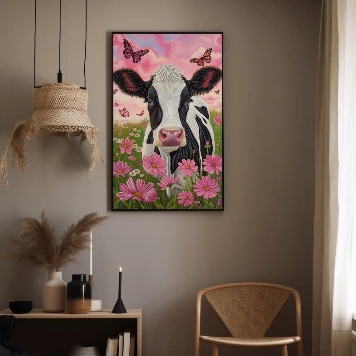 Whimsical Dairy Cow Among Pink Flowers And Butterflies Poster - Image 2