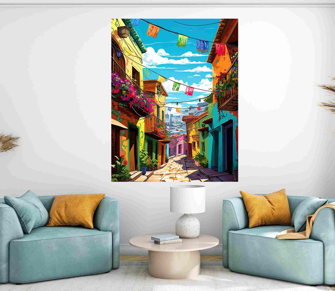 Colorful Mexican Street With Hanging Papel Picado Flags Art Poster - Image 2