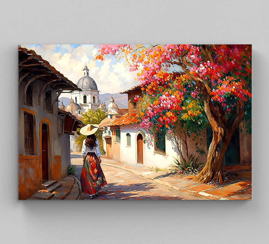 Mexican Village Street Art Print, Folk Art Decor