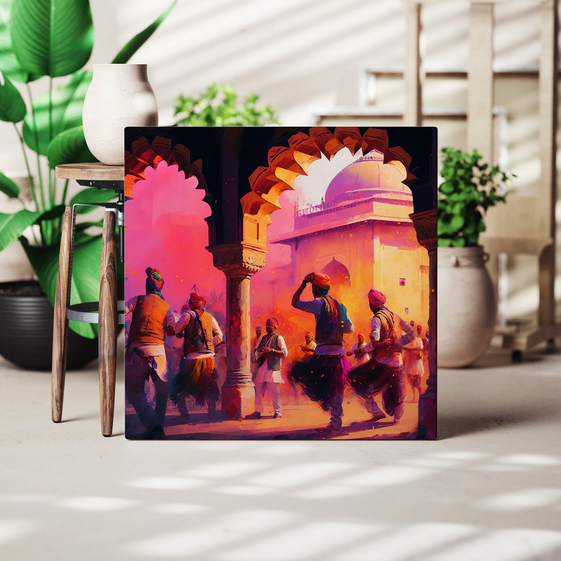 Rajasthani Men Dancing Holi in a Pink Palace Courtyard Poster - Image 4