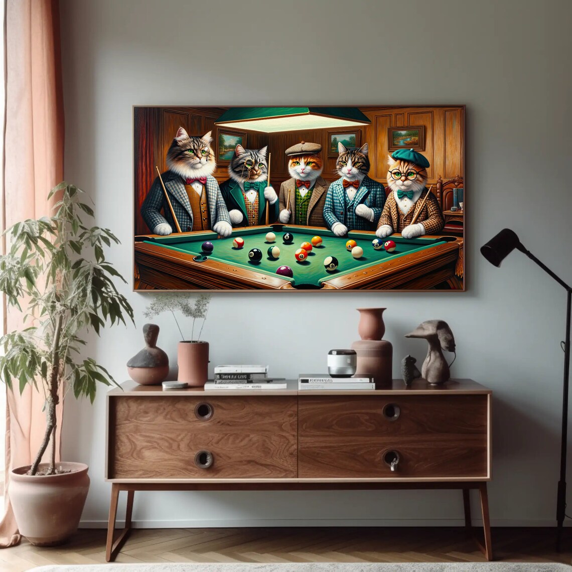 Cats Playing Pool Game Art Print, Funny Cat Decor