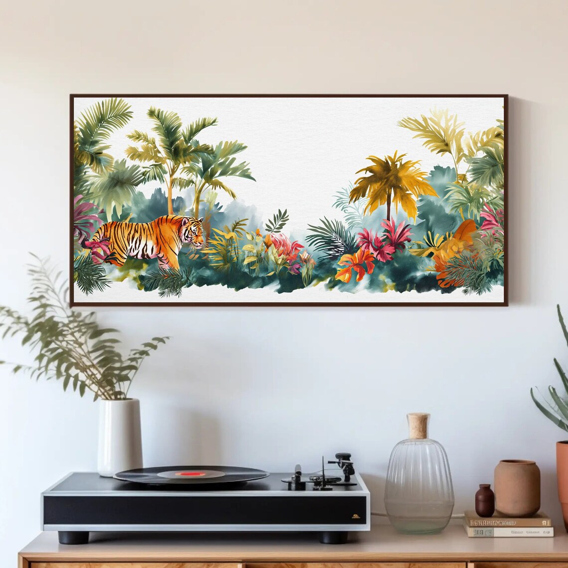 Tiger Walking Through Colorful Tropical Jungle Watercolor Poster