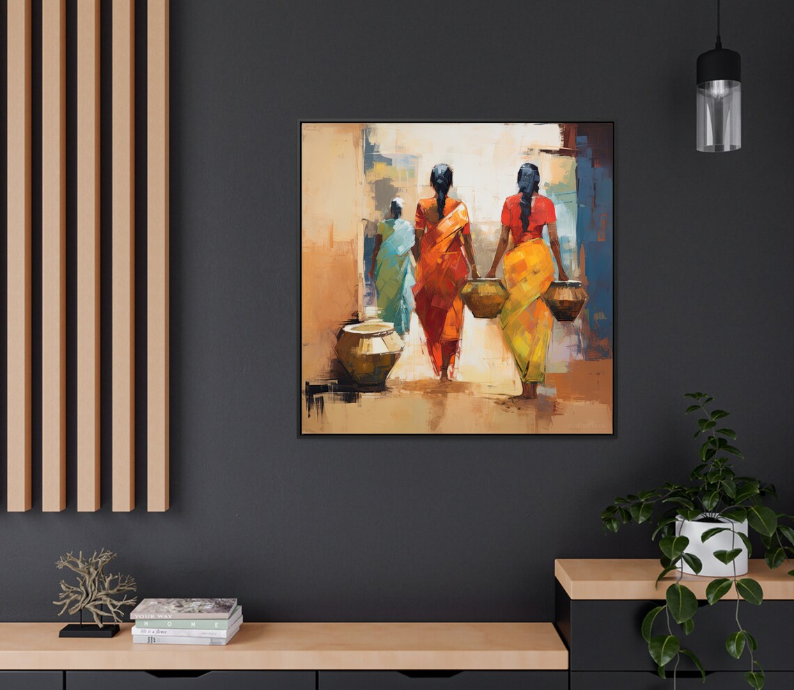 Three Indian Women Carrying Water Pots Street Scene Painting Poster - Image 2