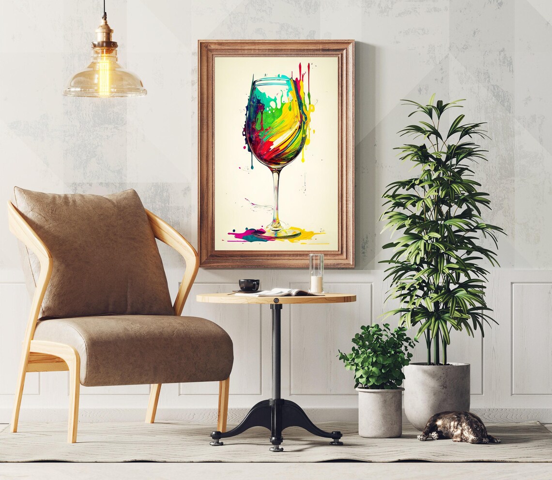Wine Glass Filled With Rainbow Paint Splashes Modern Kitchen Art Poster - Image 5