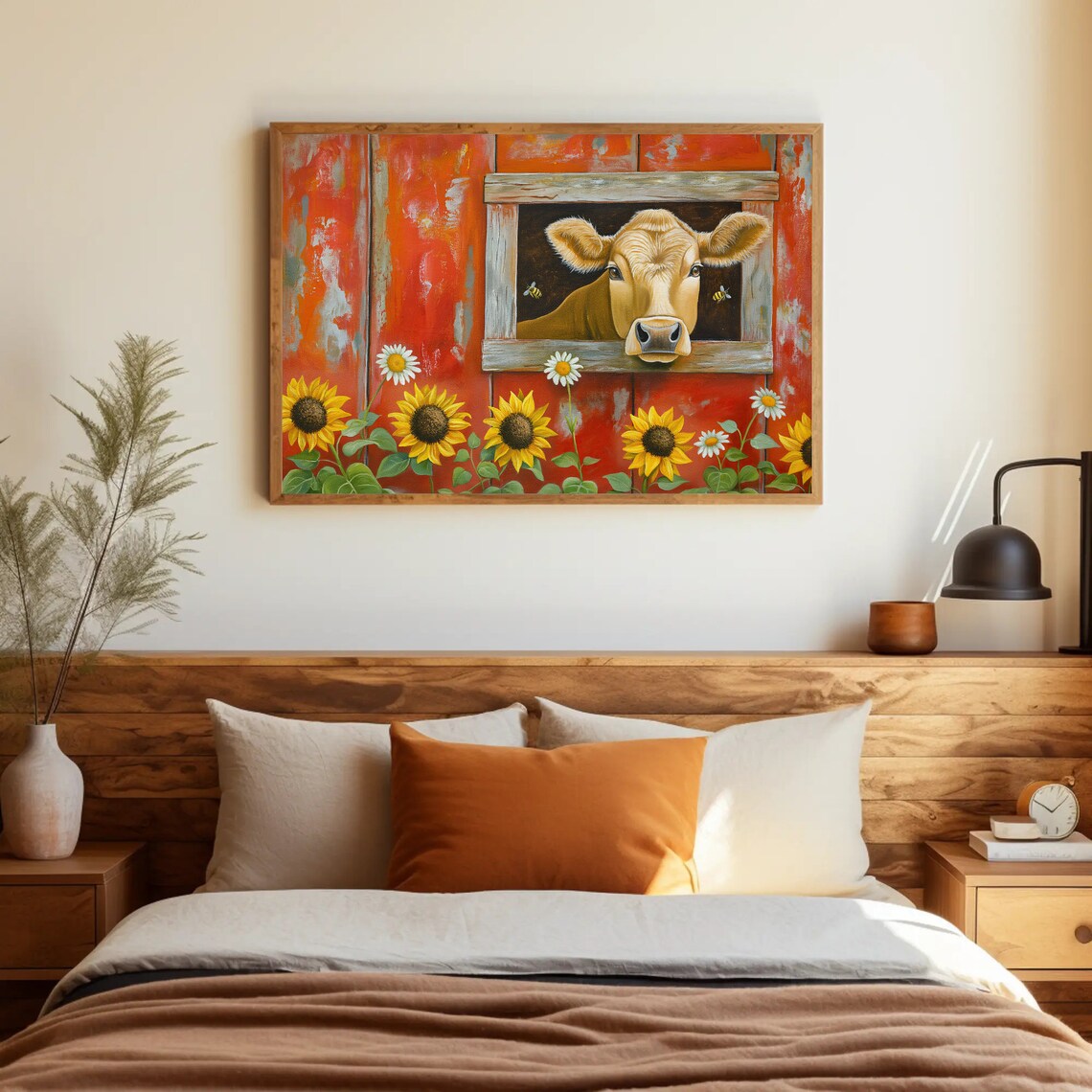Curious Cow At Red Barn Window With Sunflowers Farm Art Poster - Image 4
