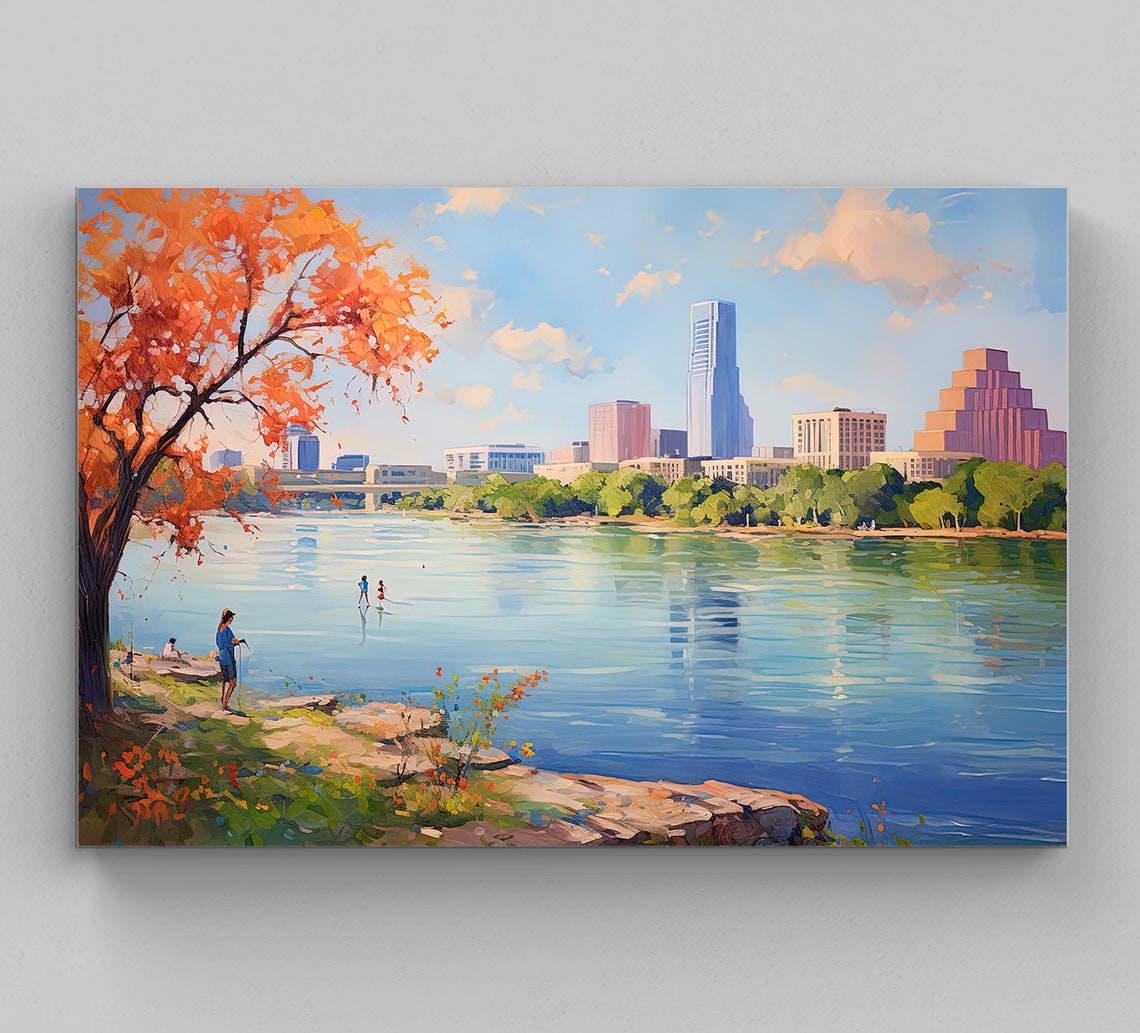 Austin Lady Bird Lake Kayakers Skyline Autumn Tree Travel Poster