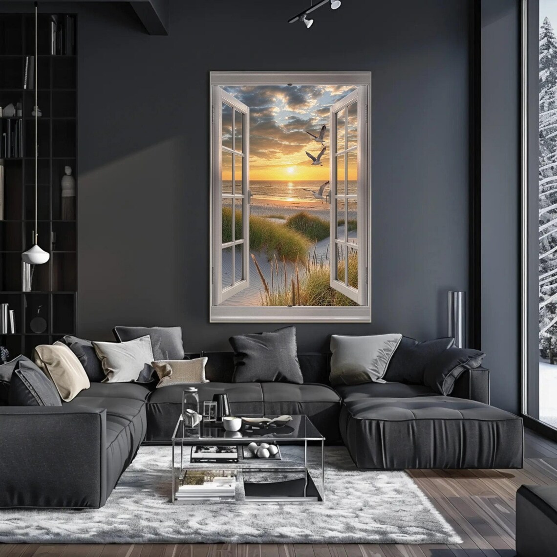 Sandy Beach With Seagulls, Faux Window Art Print