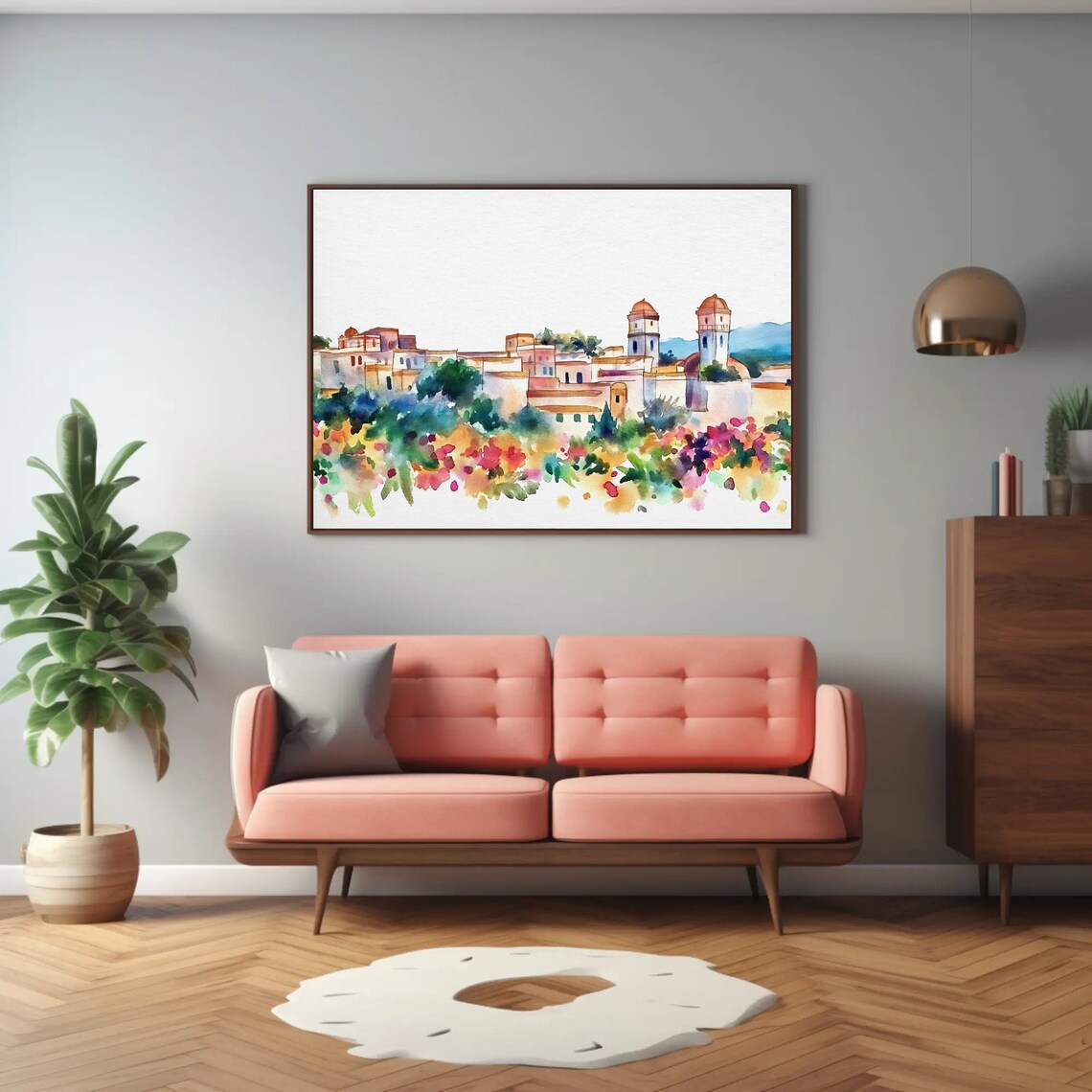 Mexican Town Church Towers with Flower Garden Scene Watercolor Poster - Image 2