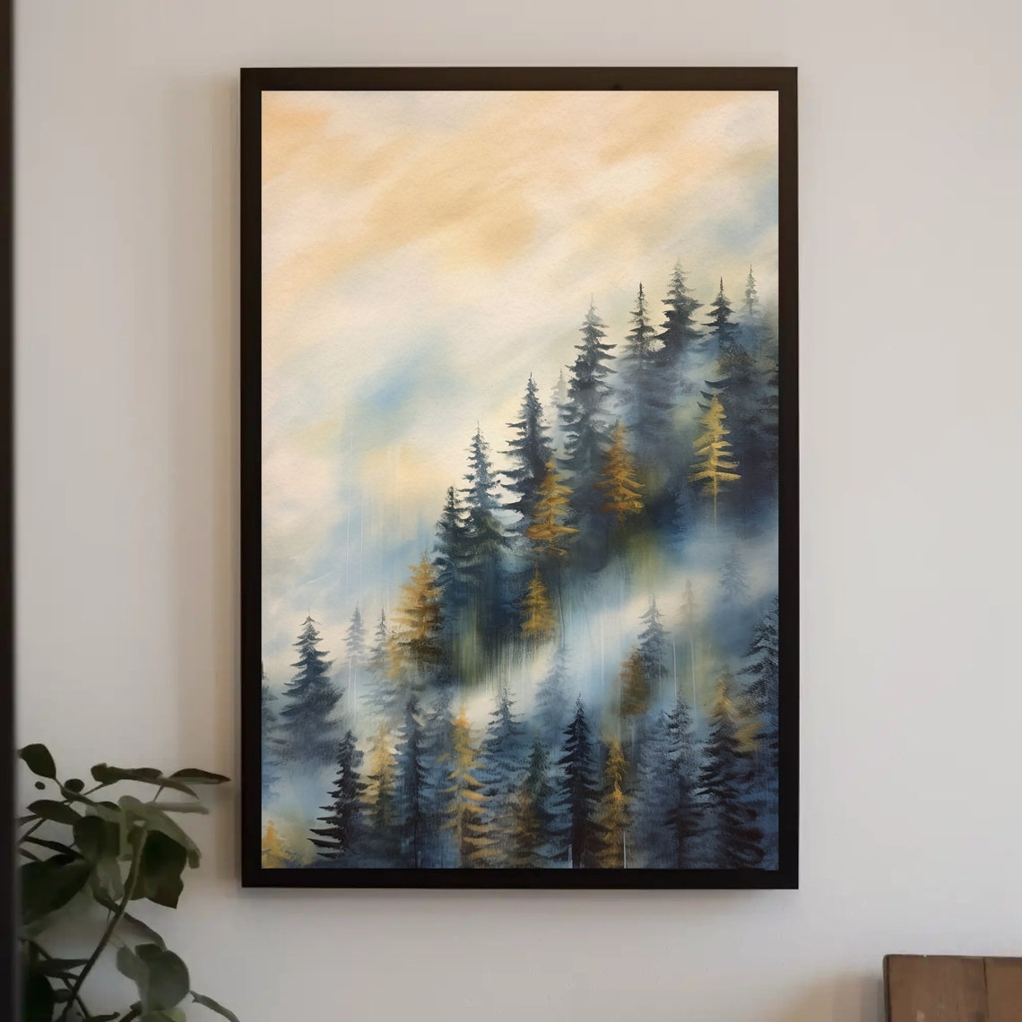 Misty Blue Pine Forest Mountain Fog Modern Abstract Art Poster
