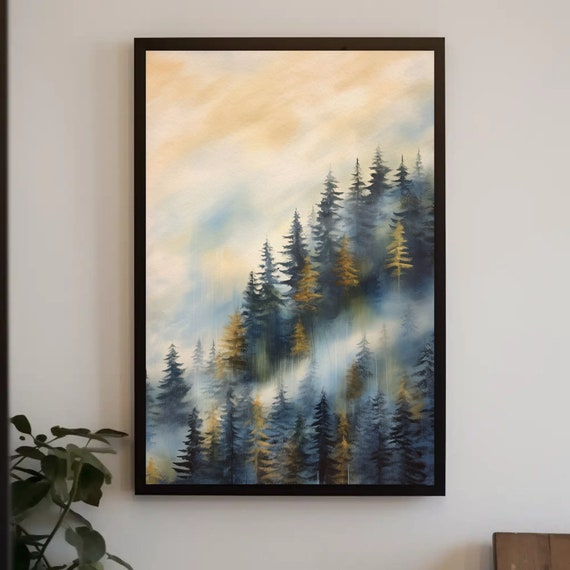 Mountain And Fog Abstract Wall Art Foggy Mountain Nature Print Modern Living Room Decor Framed