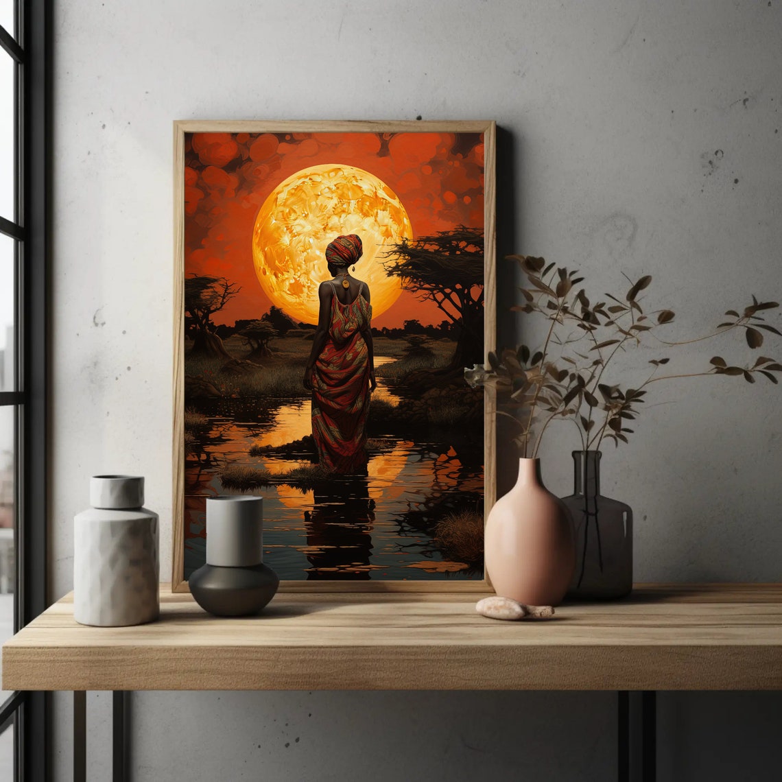 African Woman Before Giant Orange Moon Over Still Water Poster - Image 3