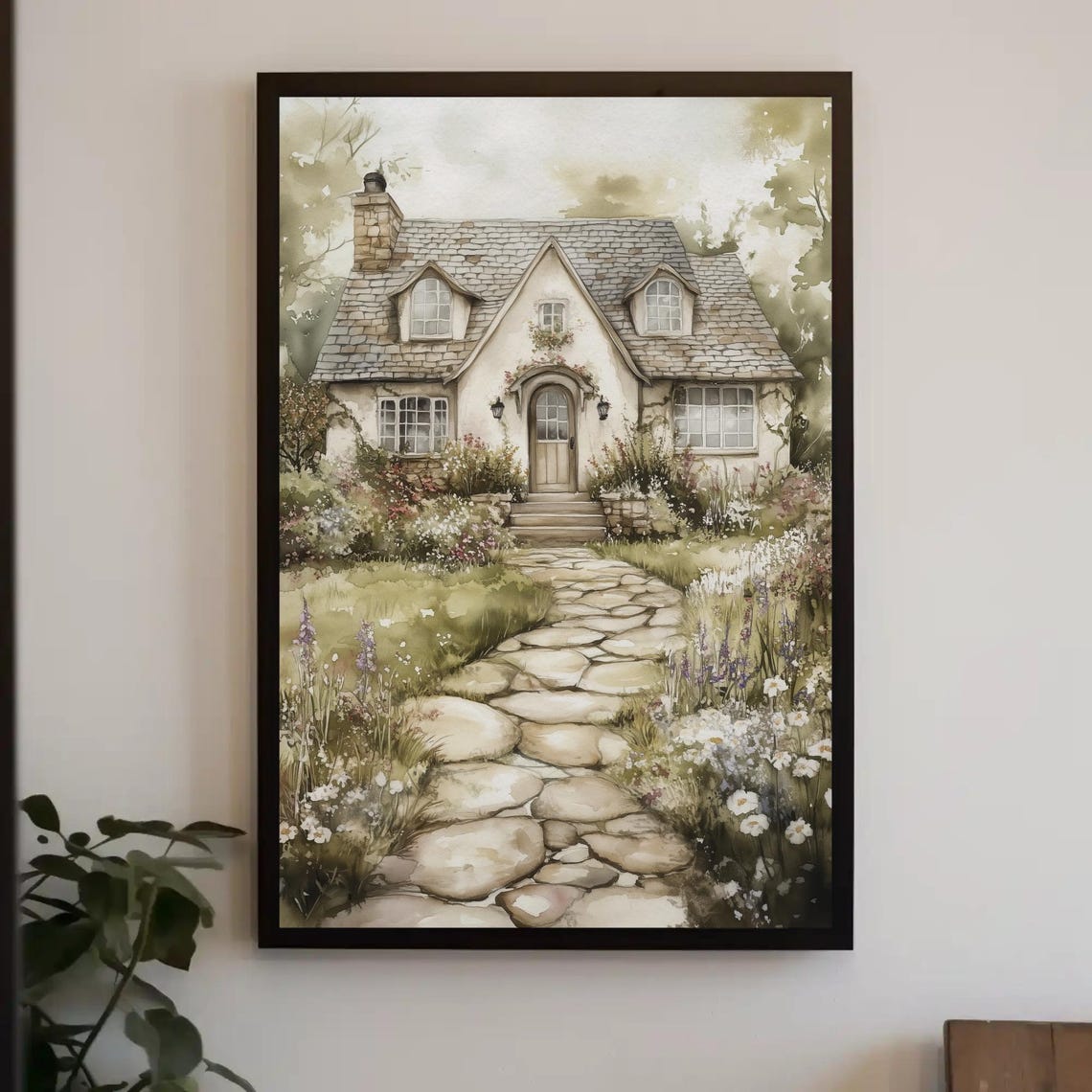 Charming Stone Cottage with a Stone Path and Flower Garden Poster
