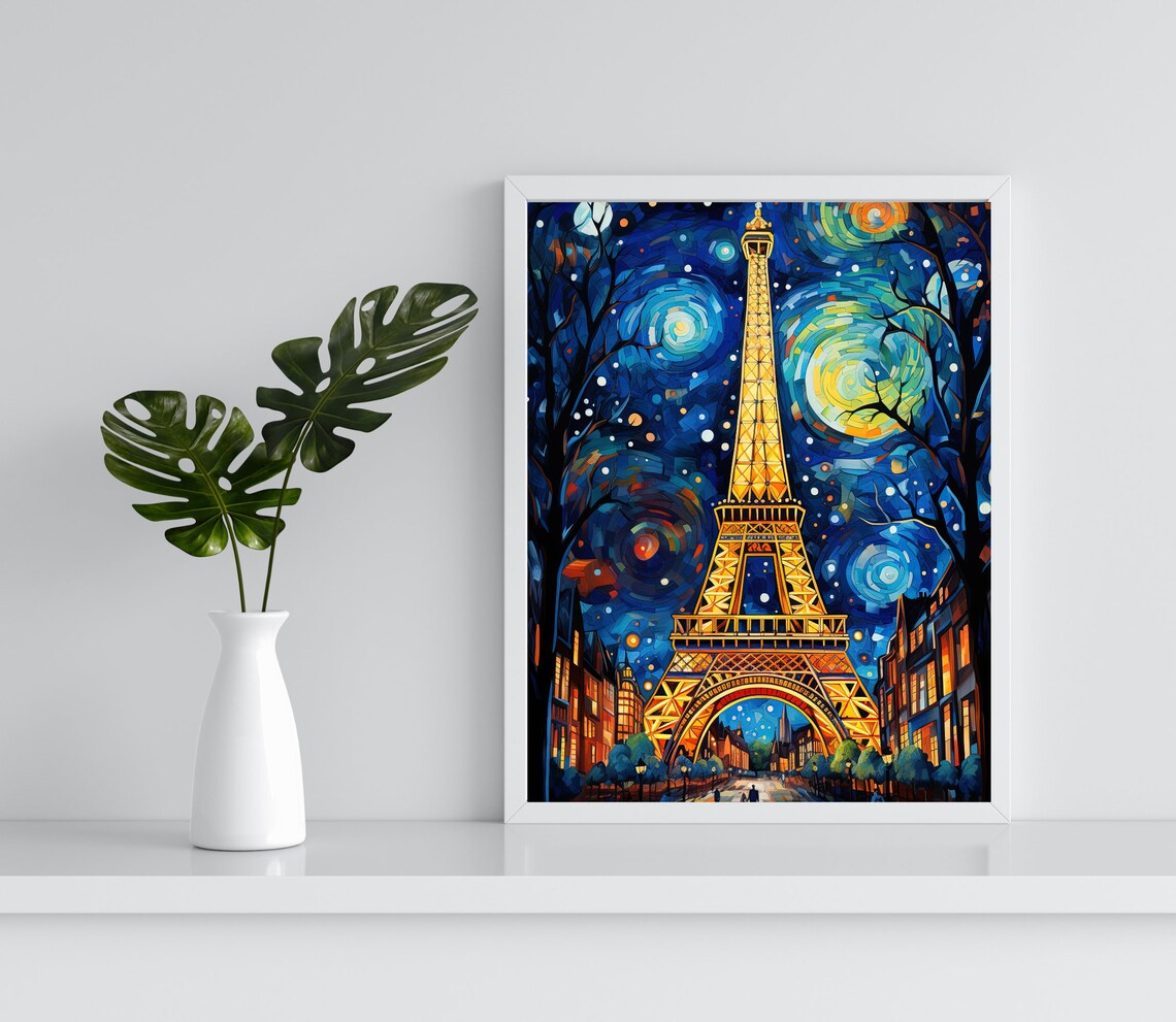 Eiffel Tower in Paris Night Travel Poster Print - Image 3