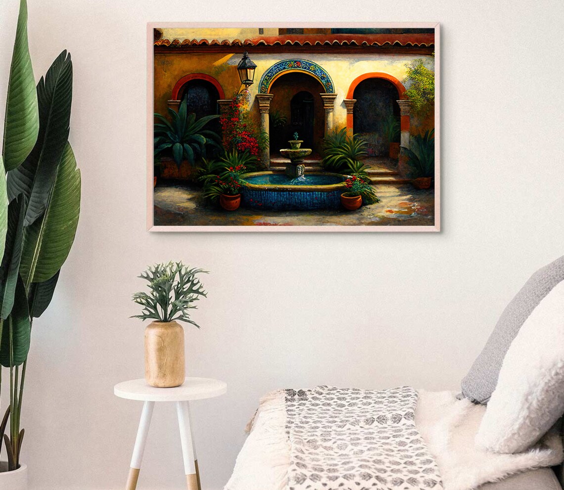 Mexican Courtyard Garden Oil Painting Art Print - Image 3