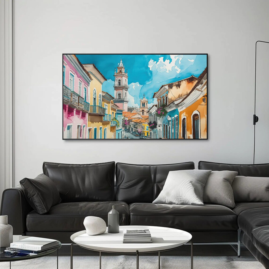 Sunny Bahia Brazil Church Towers Watercolor Street Scene Poster - Image 4
