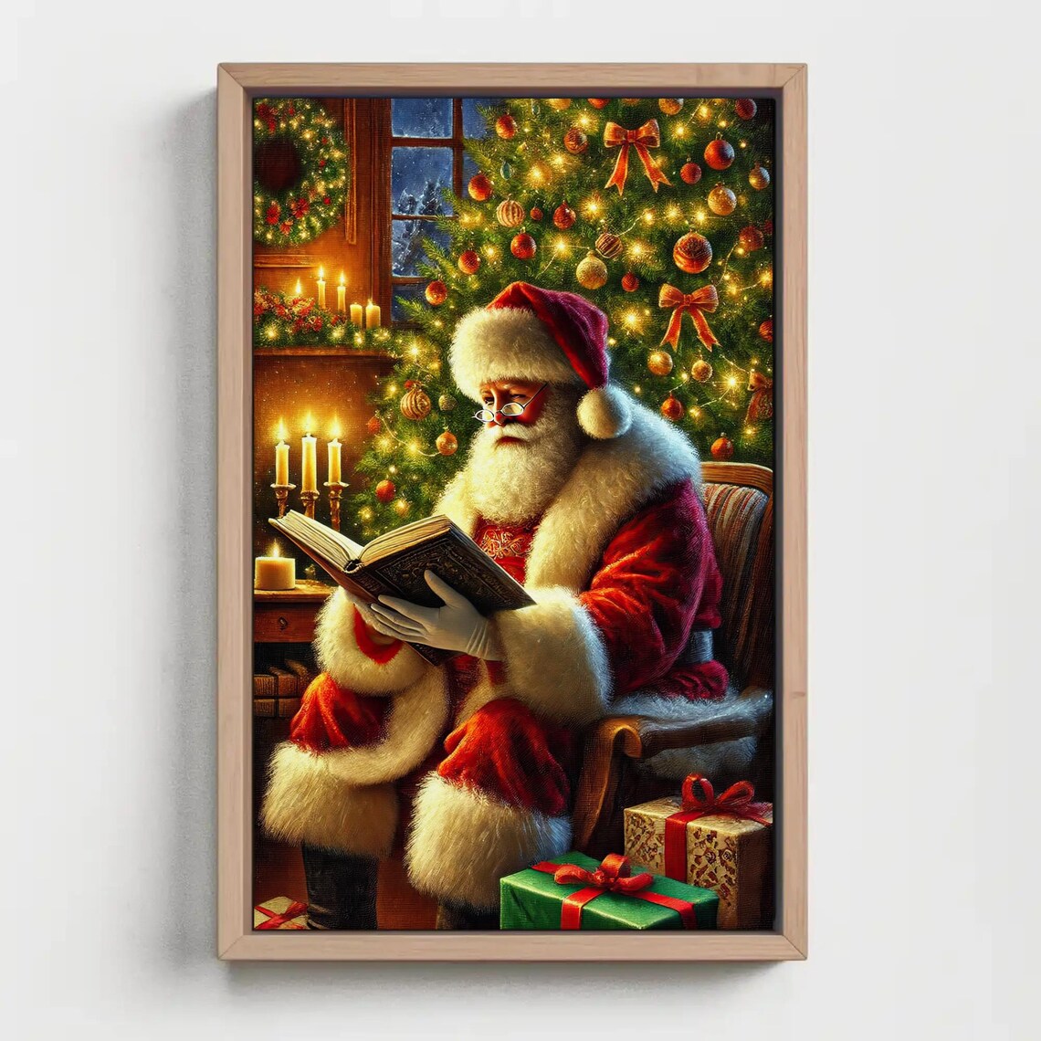 Santa Claus Reading By The Christmas Tree In Firelight Glow Poster - Image 2