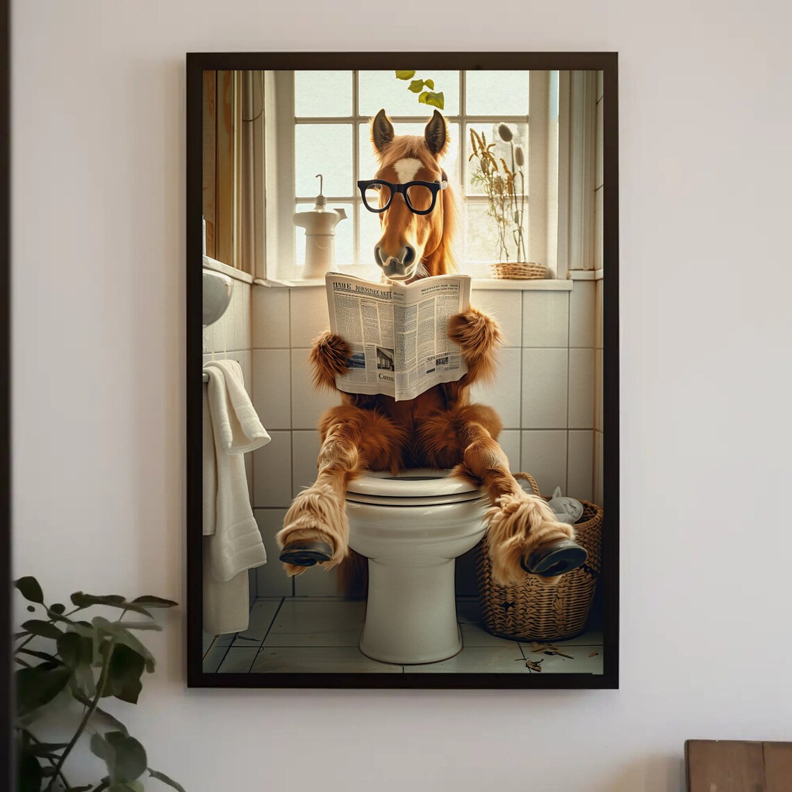 Horse in Glasses Reading Newspaper on Toilet Funny Bathroom Poster - Image 4