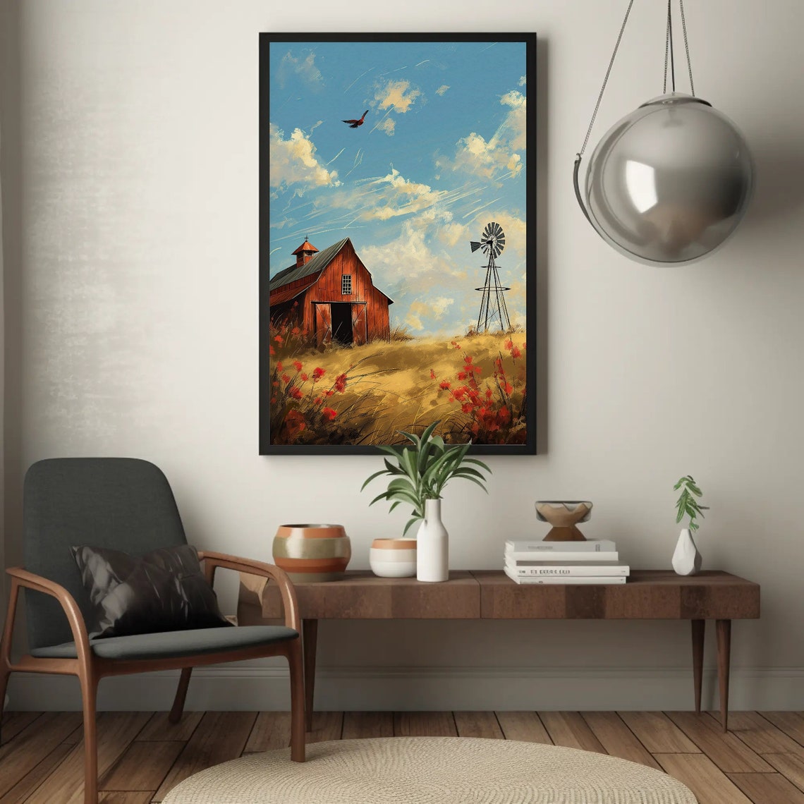 Red Barn Windmill Wheat Field Sunny Farm Landscape Art Poster - Image 3