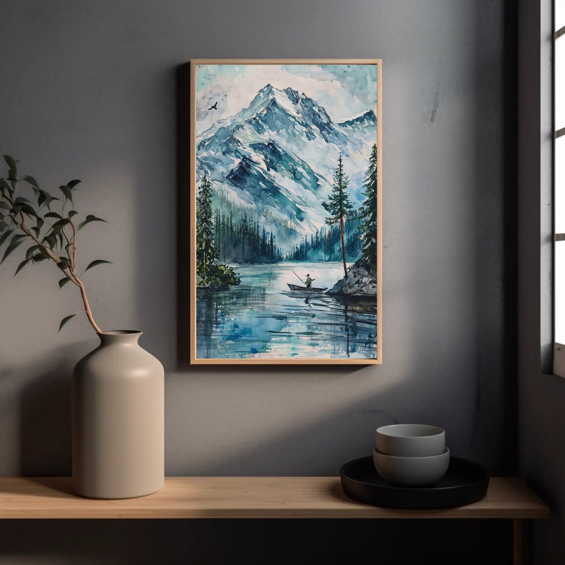 Fisherman In Canoe On Alpine Lake Snowy Peak Watercolor Poster - Image 4
