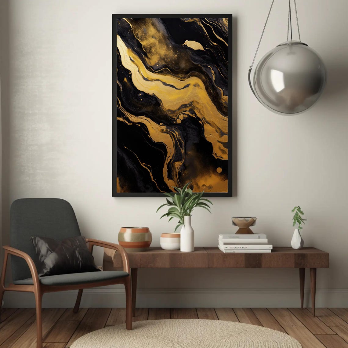 Flowing Black And Gold Marble Swirls Abstract Luxury Art Poster - Image 2