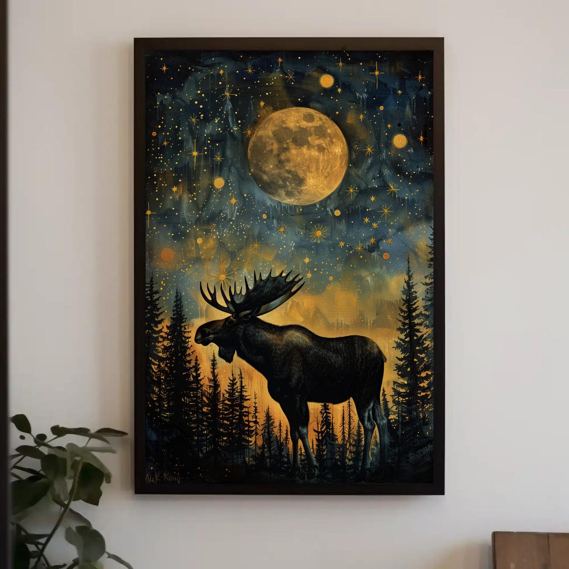 Moose Starry Night Giant Golden Moon Pine Forest Silhouette Poster