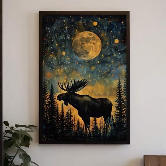 Moose Starry Night Giant Golden Moon Pine Forest Silhouette Poster