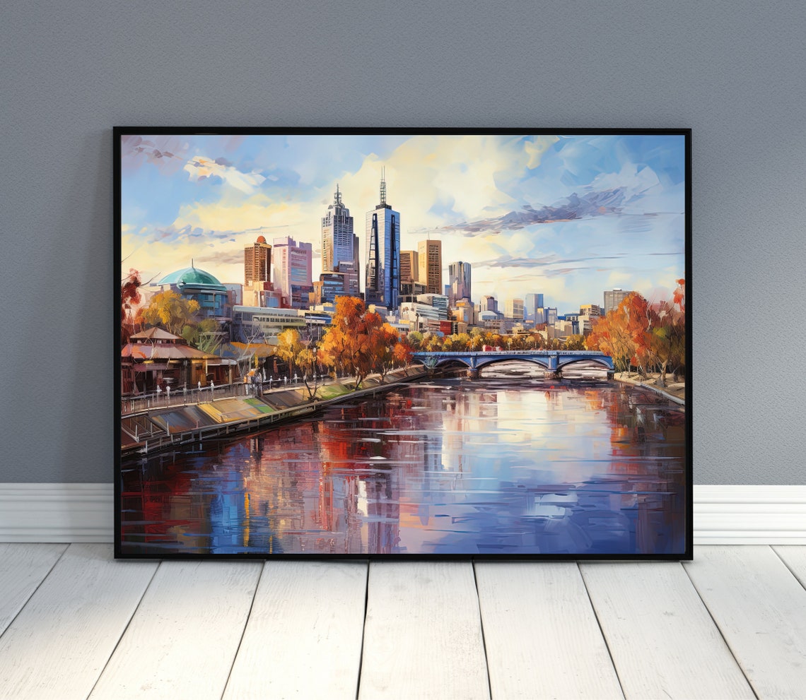 Melbourne Australia City Skyline and River in Autumn Hues Poster - Image 2