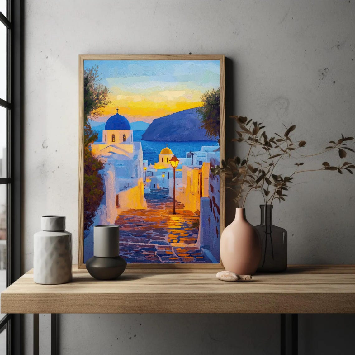 Santorini Evening Street With Blue Dome Church Sunset Greece Poster - Image 5