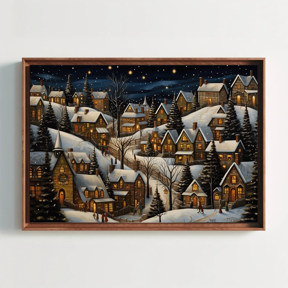 Christmas Night Town With Church and Pine Trees Holiday Art Poster
