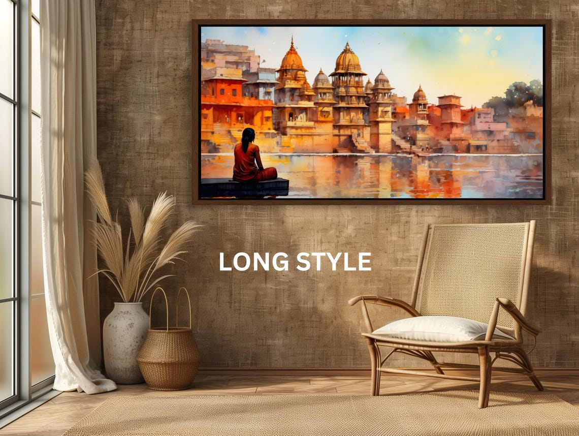 Indian Riverside Temples at Sunrise With Seated Devotee Poster - Image 2