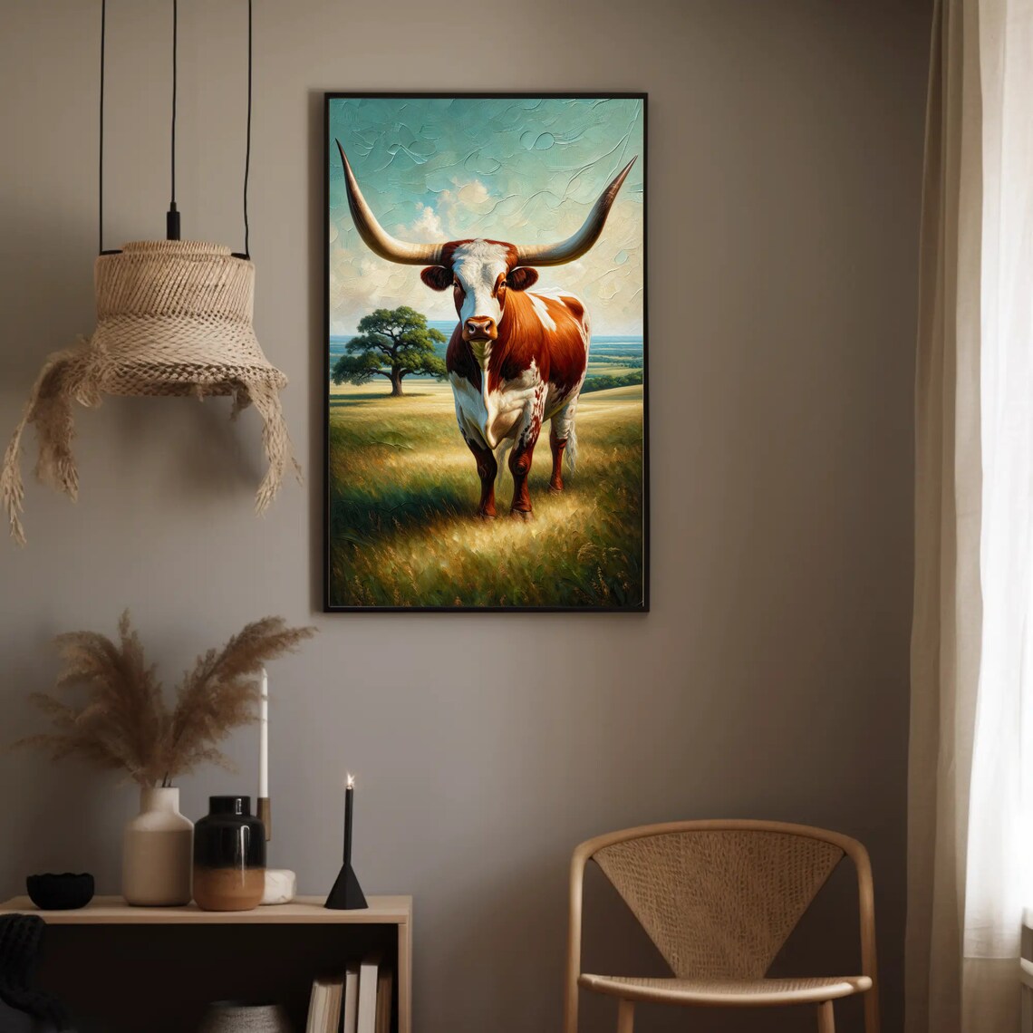 Texas Longhorn Cow In Golden Meadow Rustic Oil Painting Poster - Image 4