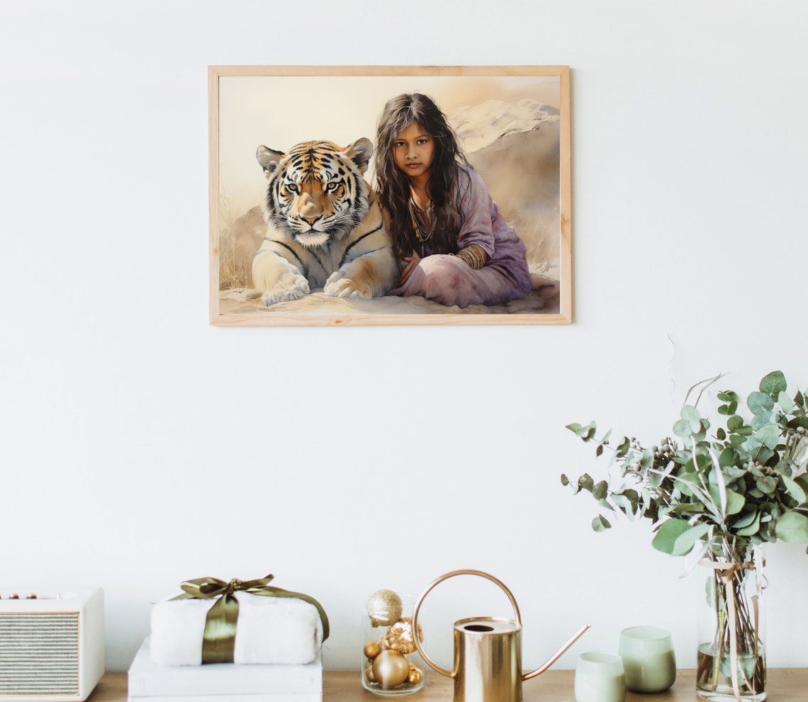 Indian Girl Resting With a Tiger in a Watercolour Painting Poster - Image 5