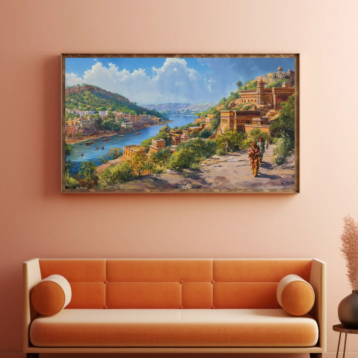 Rajasthan River City Palaces Hillside India Travel Art Poster