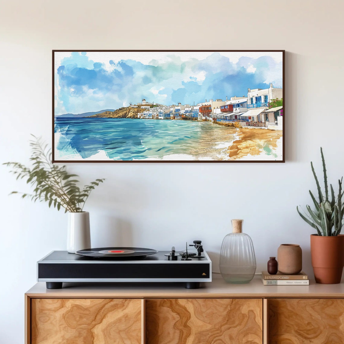 Mykonos Waterfront Whitewashed Houses Blue Watercolor Poster - Image 4
