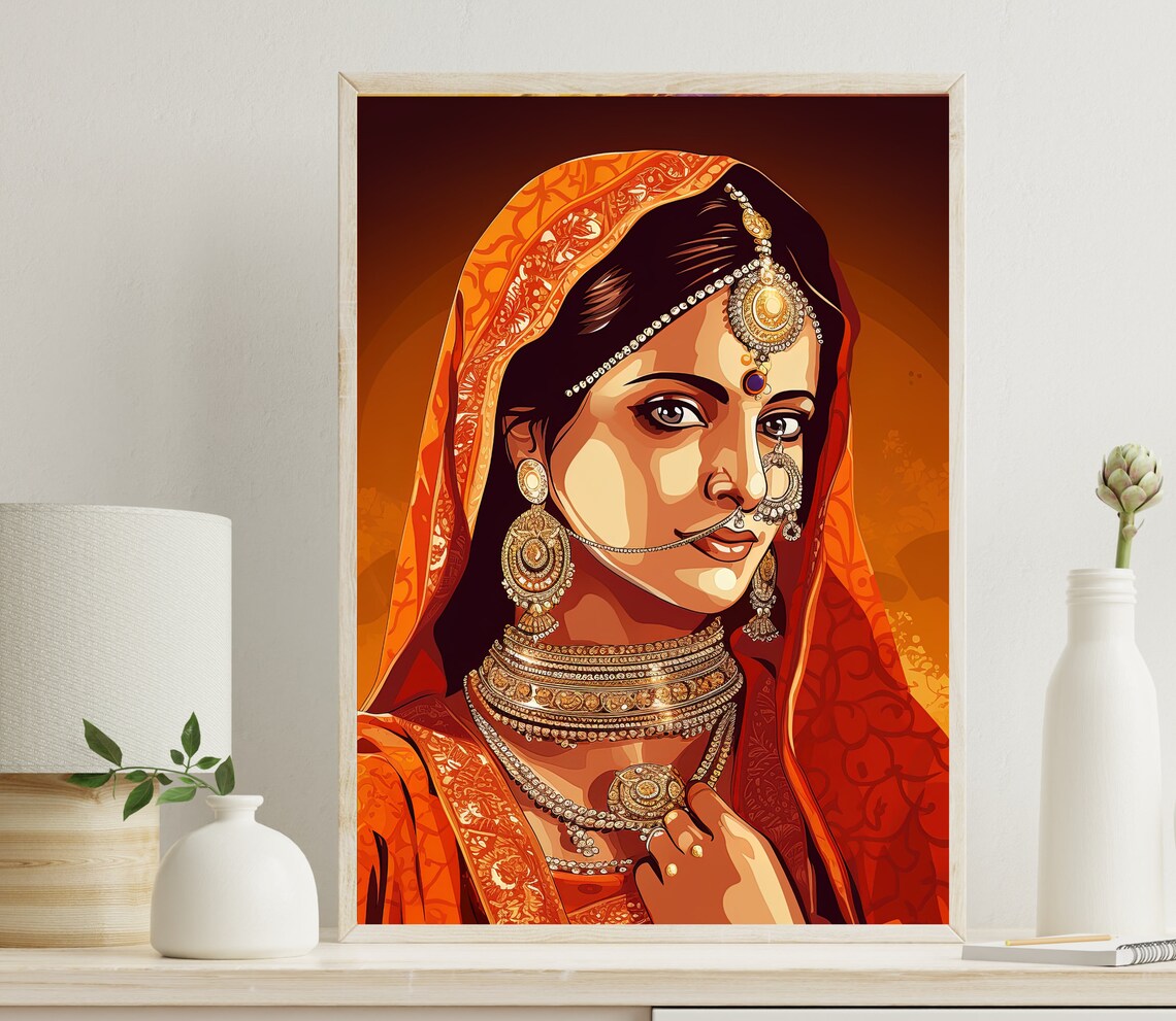 Indian Bride In Orange Veil Traditional Jewelry Portrait Art Poster