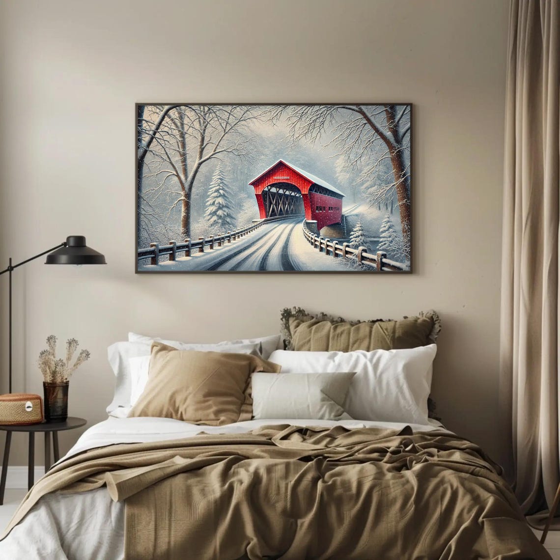 Red Covered Bridge In A Snowy Winter Wonderland Landscape Poster - Image 3