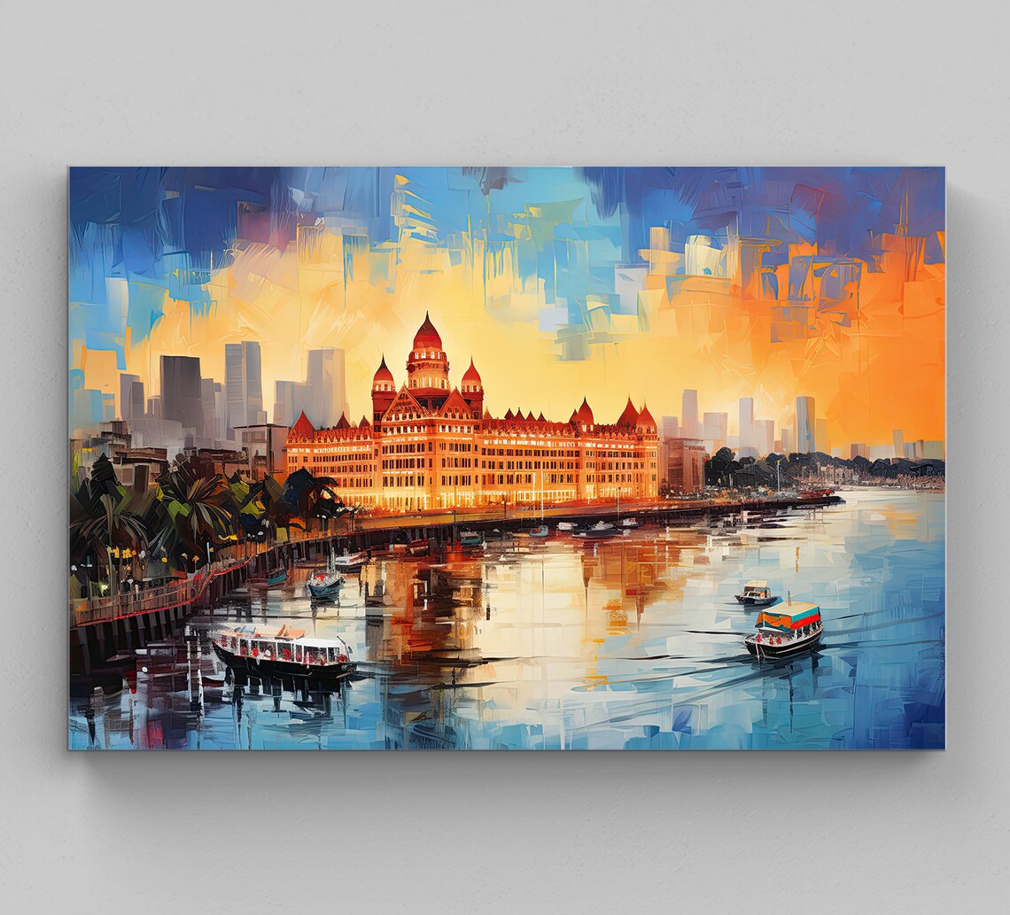 Mumbai Taj Mahal Palace Hotel Harbour Sunset Oil Painting Poster
