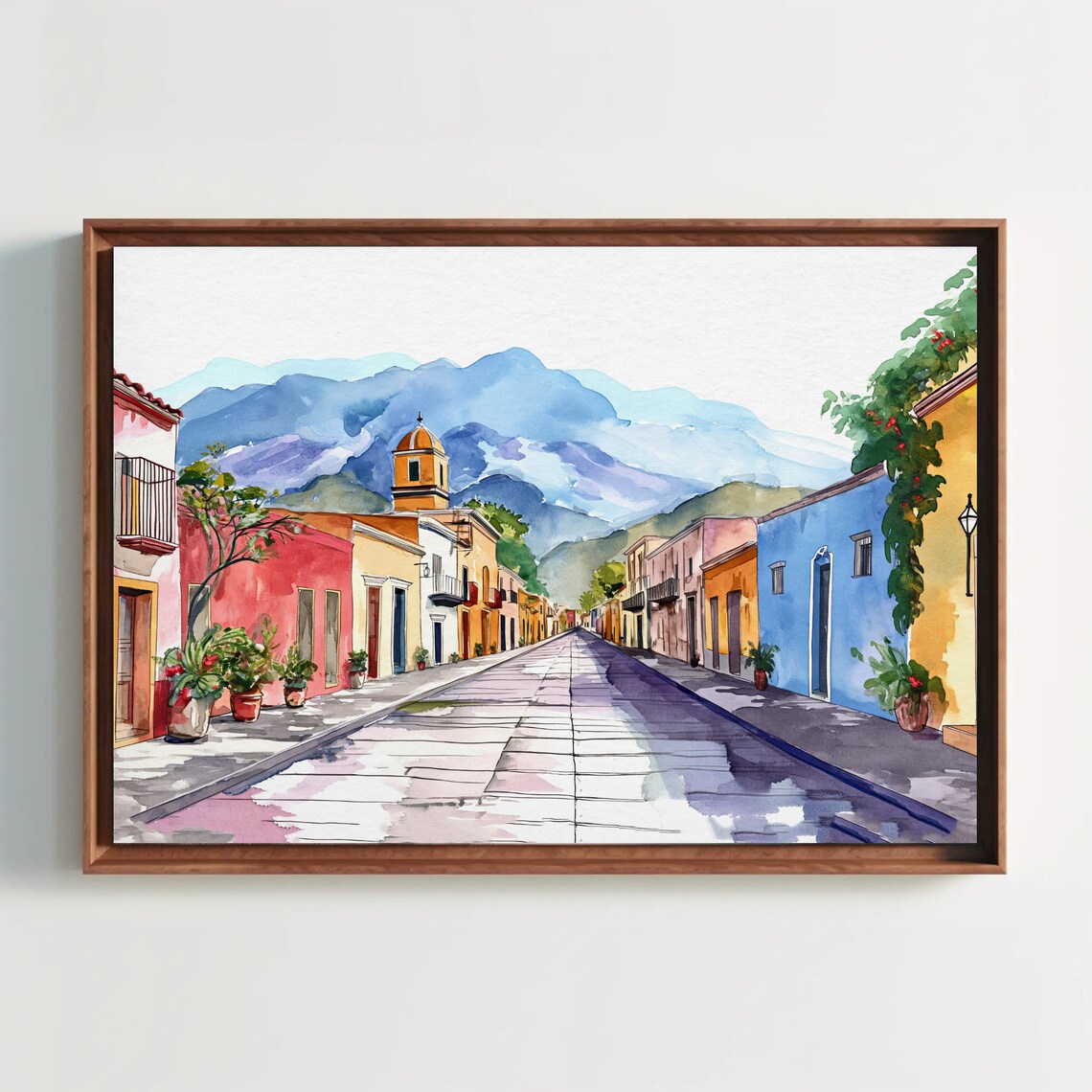 Mexican Colonial Street with Mountains and Church Watercolor Poster
