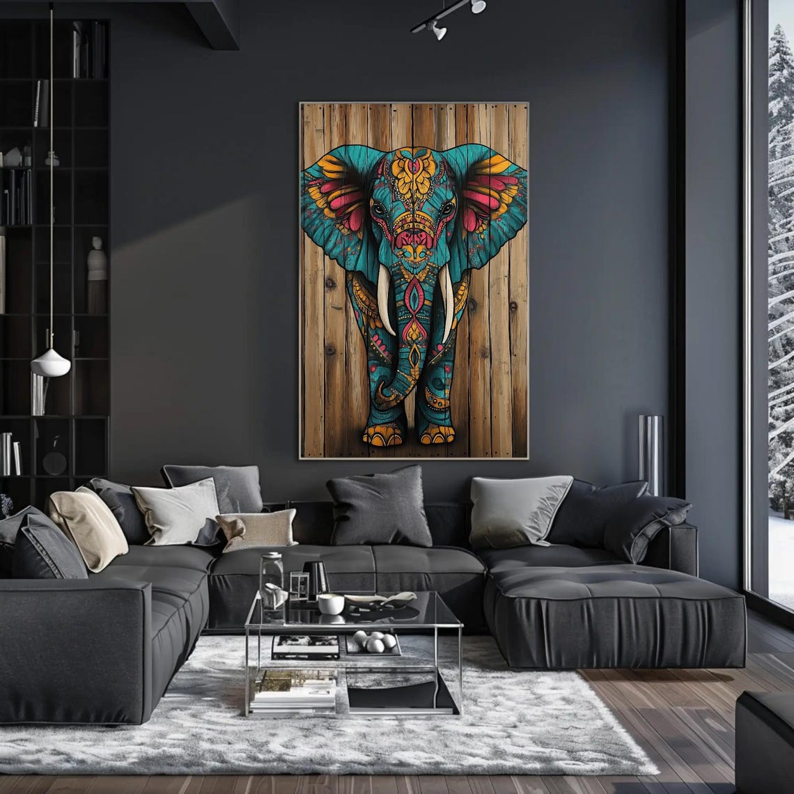 Colorful Mandala Elephant Portrait on Rustic Wood Planks Art Poster - Image 2