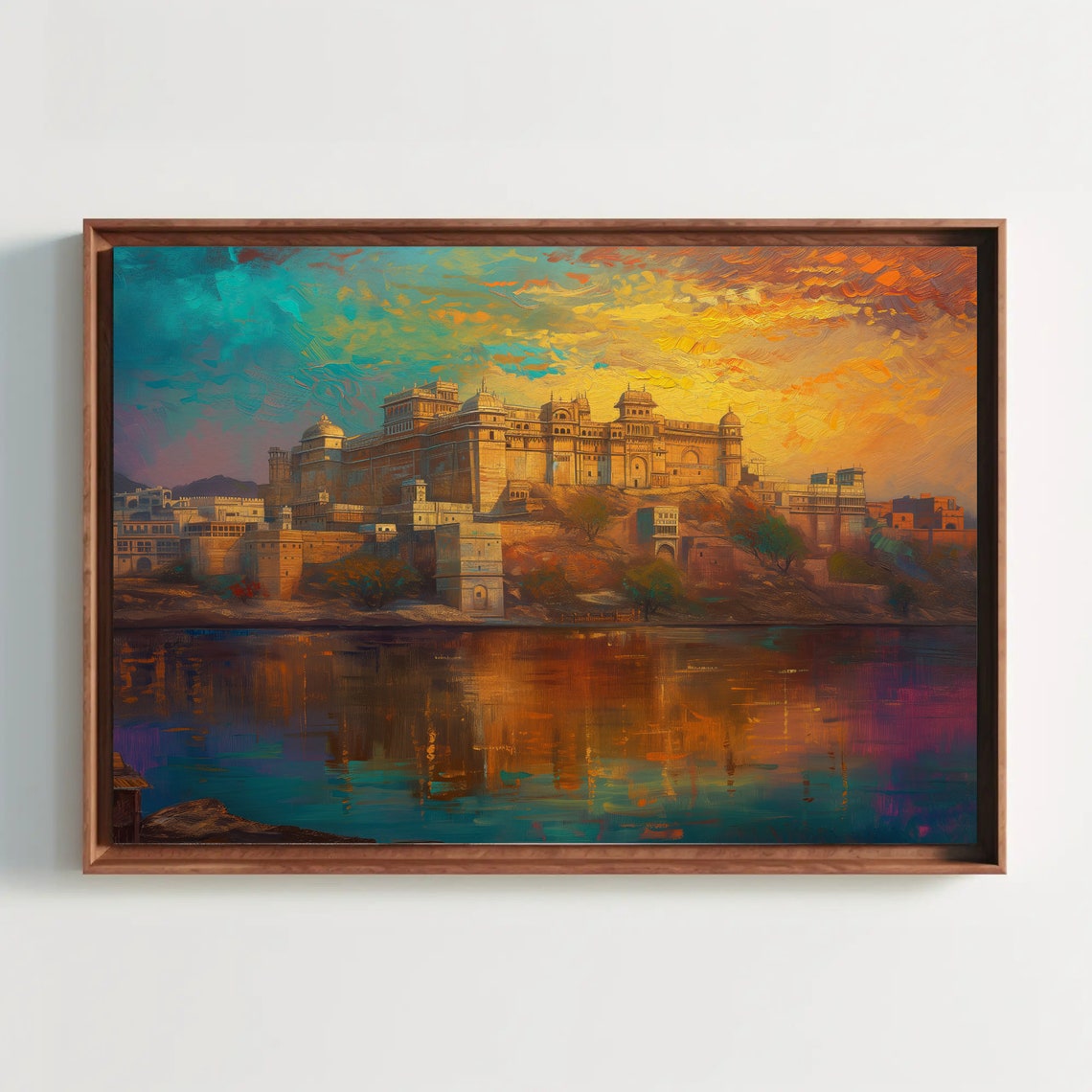 Rajasthani Fort Above A Golden Sunset Lake Reflection Poster