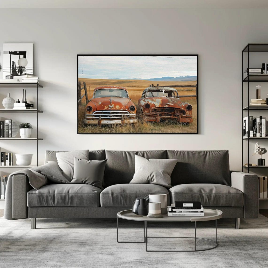 Two Rusty Vintage Sedans In Golden Field Classic Automotive Poster - Image 4