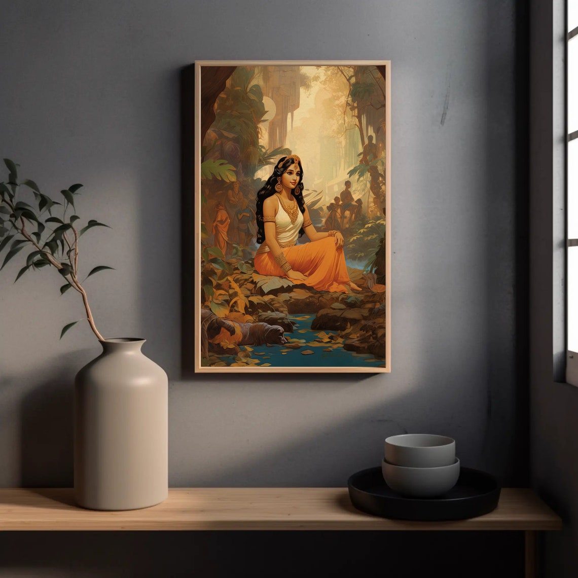Large Indian Beauty in Jungle Warm Golden Figurative Art Print - Image 3