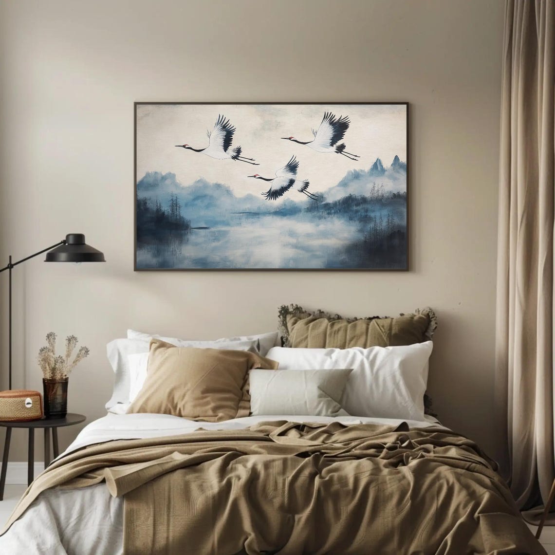 Three Red Crowned Cranes Over A Misty Blue Lake Cool Tone Poster - Image 2
