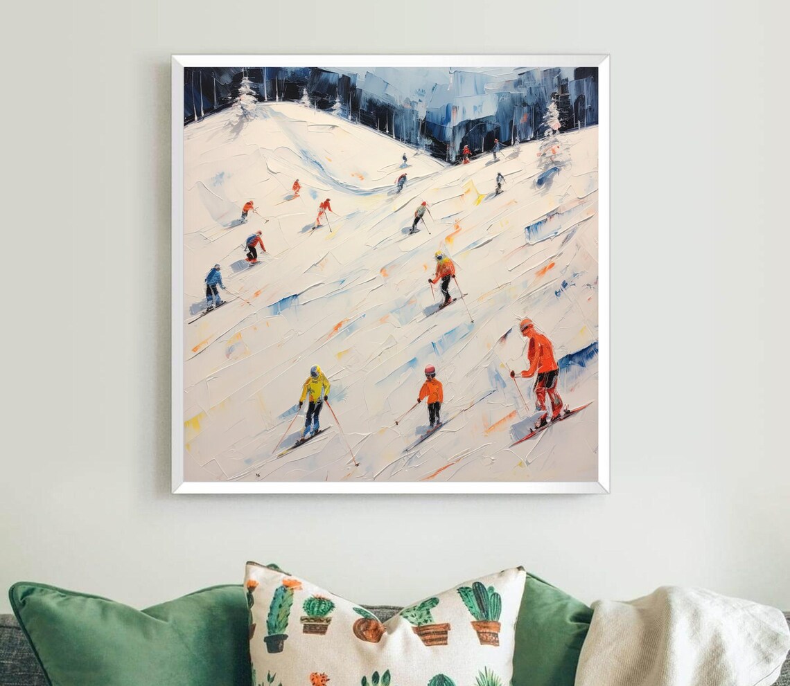 Impressionist Skiers Descending Snowy Slope Oil Painting Poster - Image 5