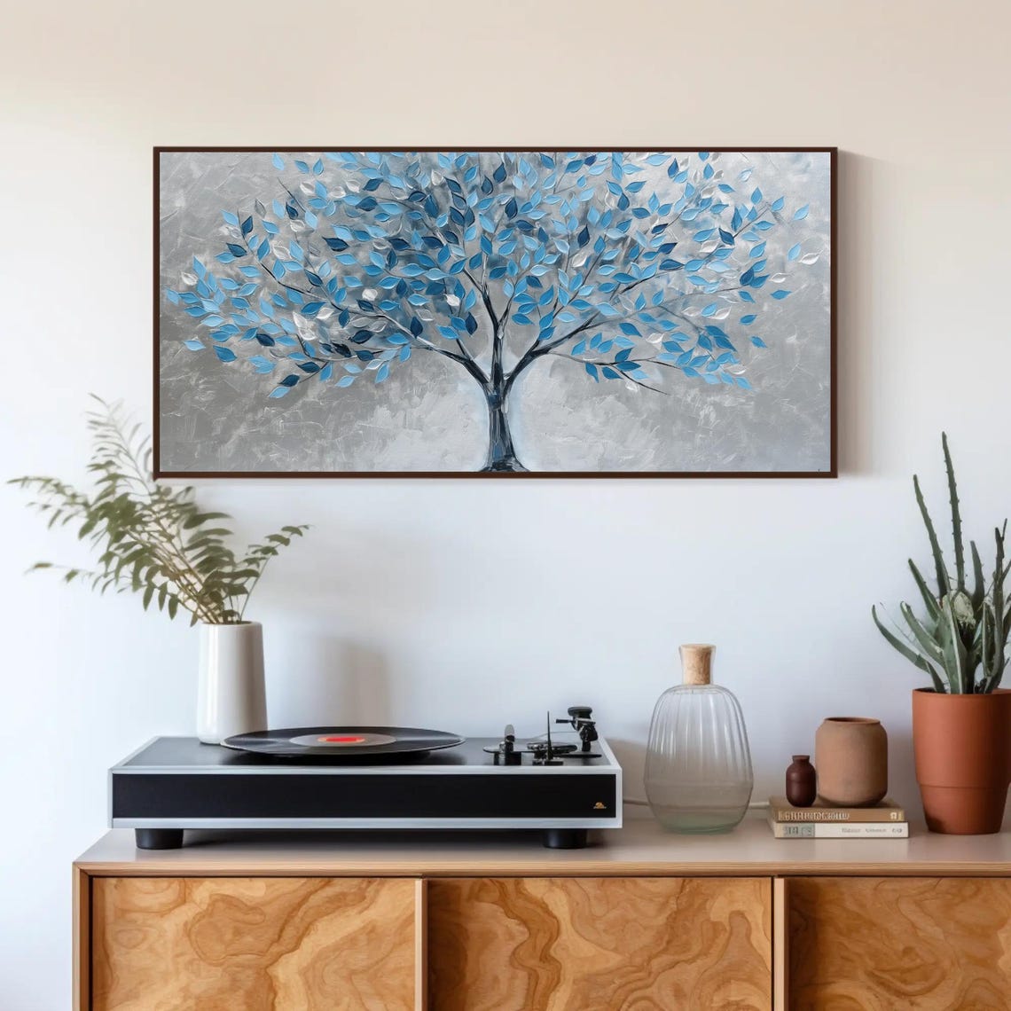 Blue Tree of Life Shimmering Leaves Silver Background Panoramic Poster - Image 5