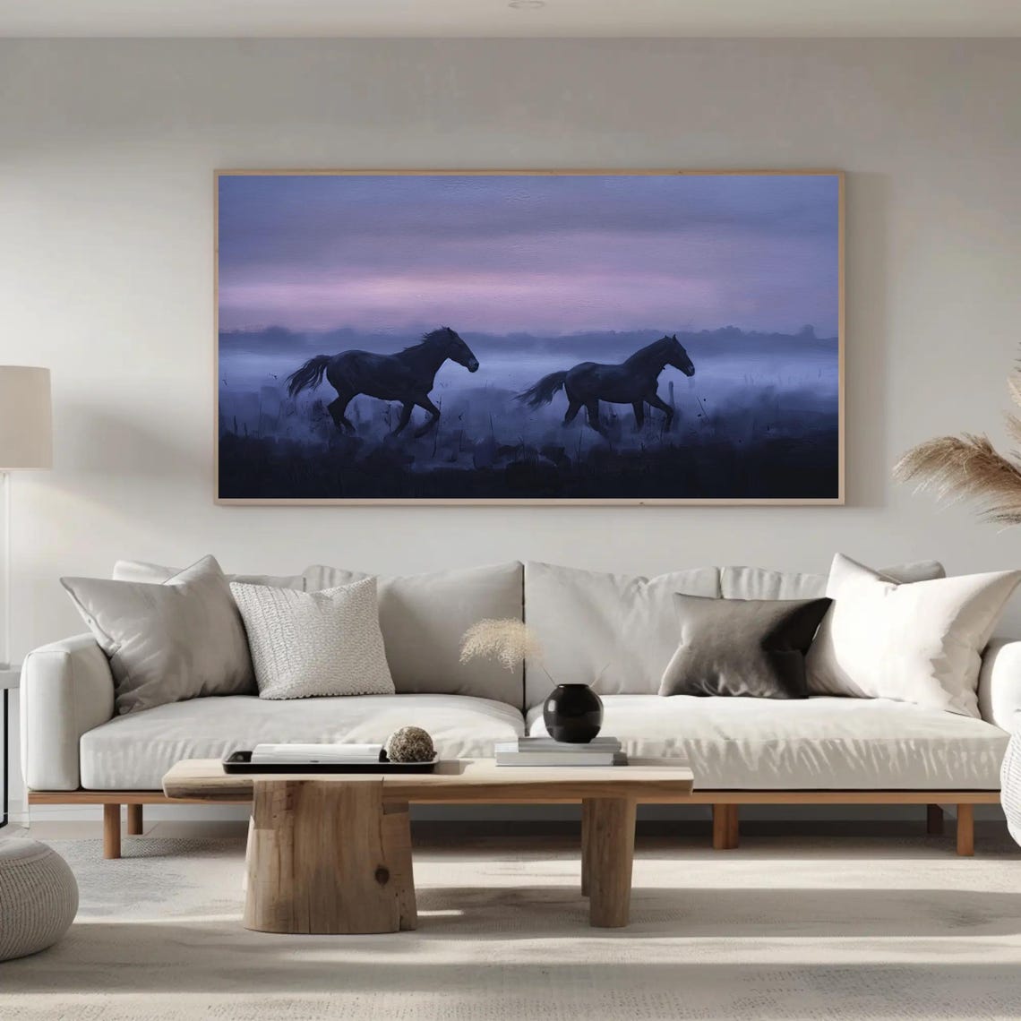 Two Dark Horses Galloping Through Violet Twilight Mist Poster - Image 5