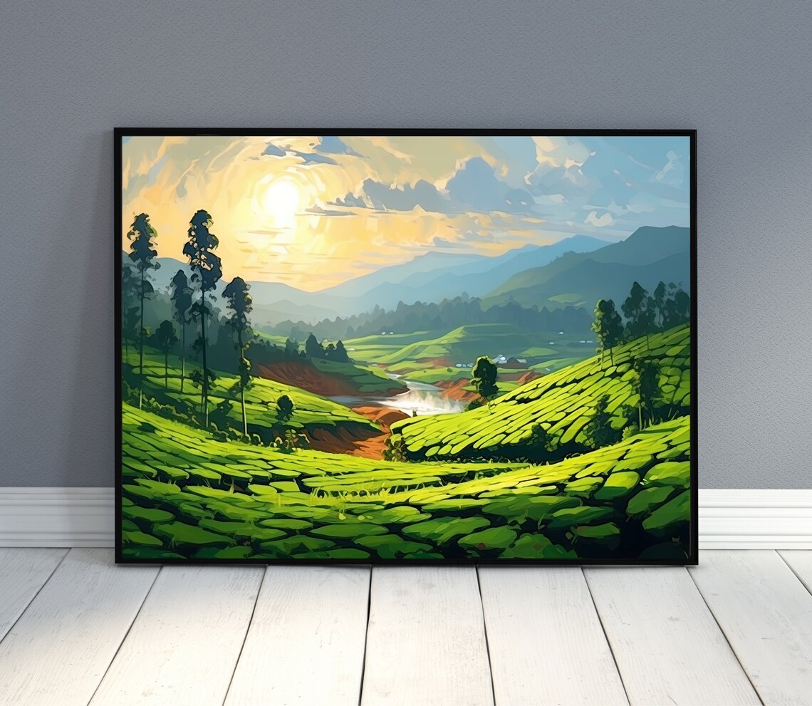 Green Tea Terraces and a Winding River Valley at Sunrise Poster - Image 2